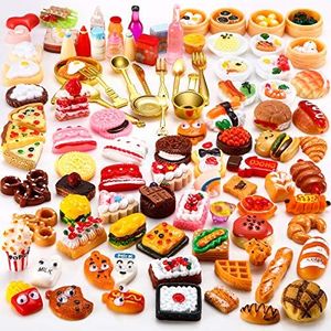 Sumind 100 Pieces Miniature Food Drinks Toys Mixed Pretend Foods for Dollhouse Kitchen Play Resin Mini Food for Adults Teenagers Doll House (Hamburger, Pizza, Cake, Bread)