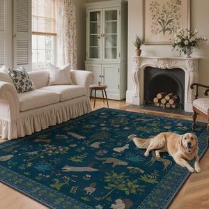 BESBLEE 10x14 Area Rug, Animal Print Machine Washable Floral Low Pile Carpet, Non-Slip Non-Shedding Pet Friendly Rug for Living Room Playroom Nursery Bedroom Entryway, Blue