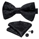 DiBanGu Pre-Tied Silk Bow Tie Set for Men Black Paisley Bowtie and Pocket Square Cufflinks for Business Party