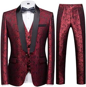 YFFUSHI Men's Elegant Jacquard 3 Piece Suit Shawl Lapel Slim Fit Tuxedo Set Red