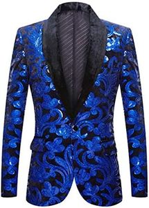 PYJTRL Men Fashion Velvet Sequins Floral Pattern Suit Jacket Blazer (Navy Blue, XS)