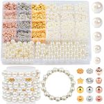 Dotilili Pearls Beads Kit, 2031 Pcs White Gold Polished Loose Beads Making Kit 4/6/8/10/12mm, Glass Round Beads with 7 Shapes Gold Ball Spacer Beads Elastic String for DIY Bracelet Jewelry Making