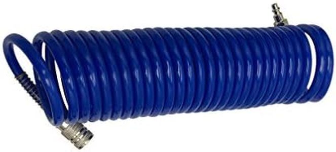 Recoil Hose Heavy Duty Recoil Air Hose Air Line OD 3/8 Inch Portable Polyurethane Coil Hose with 1/4 Inch Quick Fittings for Air Compressor, Sprayer and Industrial use 25FT, Blue