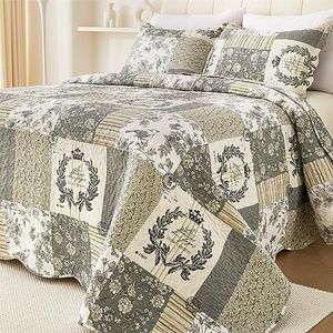 Floral Quilt Queen,3-Pcs Bird Pattern Queen Quilt Set,Lightweight Bedspread for Queen Size Bed,Grey Plaid Farmhouse Reversible Bed Quilt for All Season,Country Quilted Blanket(Grey&White Queen90”x90”)