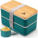 Bento Box Adult Lunch Box,All-in-1 Stackable Japanese Bento Lunch Box,(47oz) Lunch Containers with Food Compartments, Accessories and Sauce Container,Leak-proof,Microwave Safe (Nordic Green)