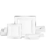 MATANA 60-Piece Reusable White Plastic Dinnerware Set with Silver Rim – 20 Dinner Plates, 20 Dessert Plates & 20 Bowls – Elegant Square Tableware for Weddings, Birthdays, Parties & Events