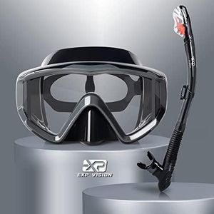 EXP VISION Dry Snorkel Set, Pano 3 Window Snorkel Mask, Anti-Fog Scuba Diving Goggles and Snorkel, Professional Adult Snorkeling Swim Mask Gear (Dark Gray)