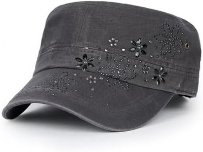 ililily Crystal/Black Gemstone Flower Vintage Military Army Hat Short Brimmed Cadet Cap, Dark Gray/Black