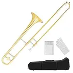 Costzon B Flat Tenor Slide Trombone Brass, Ideal for Standard Student Beginner Trombone w/Case, Gloves, Mouthpiece, Portable