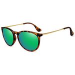 WOWSUN Polarized Sunglasses for Women Vintage Retro Round Mirrored Lens (Black Frame+Green Lens)