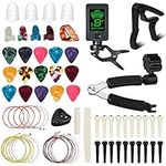 Guitar Accessories Kit, FOVERN1 72 PCS Guitar Tools Set Including Guitar Picks, Capo, Tuner, Guitar Strings, 3 in 1String Winder,Bridge Pins, 6 String Bone Bridge Saddle and Nut, Finger Picks