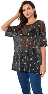 WDIRARA Women's Glitter Sheer See Through Short Sleeve Mesh Top Tee Blouse Black Heart M