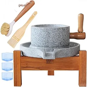 Manual Natural Granite Stone Mill, Country Hand Crank Dry and Wet Grain Flour Stone Grinder, Natural Wheat Paste Mill with Wooden Stand (Small 7.87in * 11.8in)