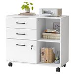 FEZIBO Home Office Filing Cabinet with Lock, Printer Stand with Drawers, Movable White Lateral File Cabinet, Open Storage Shelves