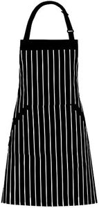 HOMWE Adjustable Bib Apron with Pockets - Extra Long Ties, Commercial Grade, Unisex - Black/White Pinstripe (33 x 27 Inches)