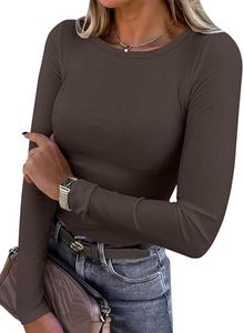 ANRABESS Women Long Sleeve Shirts Ribbed Fitted Tops,Brown,S | Slim Basic Tee,2026 Fall Outfits,Lightweight Knit T-Shirt,Soft Underscrub,Winter Layer Clothing,Casual Work & Everyday Wear