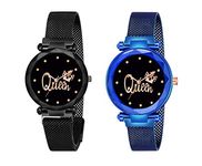 KIROH Casual Analogue Queen Dial Magnetic Strap Analog Watch for Girl's and Women (Pack of 2) (Black and Blue)