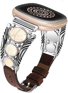 Minyee Leather Band Compatible with Fitbit Versa 4/Versa 3/Sense 2/Sense Band Women, Western Turquoise Boho Vintage Cowboy Retro Jewelry Adjustable Slim Replacement Wristband Strap for Versa 4/ Sense