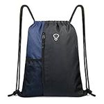 BeeGreen Drawstring Backpack Sports Gym Bag for Women Men Large Cinch Sackpack with 2 Zipper Pockets and Water Bottle Mesh Pockets Black Navy
