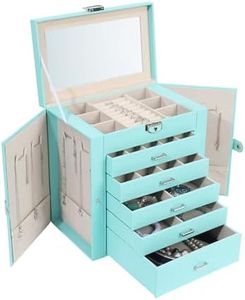 BOOVO Jewelry Box For women, 6 Layer Large Jewelry Organizer With Mirror, Multi-Function Storage Box With Lock, Accessory Holder With 5 Drawers, For Earrings Necklace Ring Bracelet (light blue)