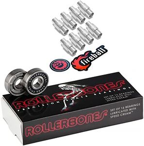 Rollerbones Bearings 8mm 16 Pack - w/ Dragon Spacers - Bones Bearings Roller Bearing Set for Roller Derby Inline Skates (608, w/ 6mm Spacers)