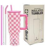 House of Quirk 1200ML Stainless Steel Tumbler Hot and Cold with Handle and Lid 2 Straw, Double Insulated Cup 100% Leak Proof Mug Cupholder for Gym, Travelling (Pink Check)