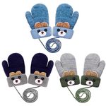 FRIUSATE 3 Pairs Toddler Baby Gloves Mittens Baby Winter Warm Gloves Kids Cute Animal Knitted Gloves Mittens with string for Baby Toddler 0-3Y(One Size Navy, blue, gray)