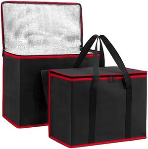 (Not Made In China) Insulated Reusable Grocery Bags, Catering and Delivery Bag For Hot and Cold Food, Collapsible Thermal Tote For Doordash and Uber Eats (1, Black w/Red Trim, X-Large)