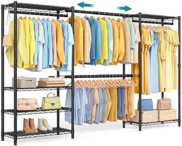 SONGMICS Heavy-Duty Clothes Rack, Extendable Garment Rack, Portable Closet with Adjustable Mesh Shelves and Hanging Rails, Hooks, 15.8 x 69.7-86.6 x 76.4 Inches, Ink Black ULGR438BH01S