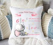 Personalised Baby Birth Details Cushion in A Beautiful Cute Elephant Design. Choice of Pink or Blue Gift/Keepsake (Pink)