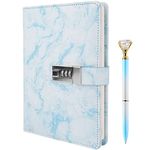 Marble Diary with Lock and Pen, Refillable A5 Daily Journal for Girls and Women, 192 Pages Cute Notebook with Combination Lock and Diamond Pen for Teen Girls and Boys - Blue