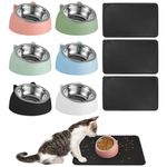 Provone 6 Pcs Cat Food Bowls with Mat, Stainless Steel Cat Bowls Cat Water Bowl Cat Dishes 15° Slope Cat Food Dish Pet Dishes Dog Bowl Mat Cat Water Dish Pet Bowl for Cat Dog Kitten Pet