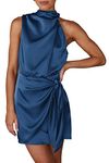 PRETTYGARDEN Women's Short Formal Satin Dress 2024 Summer Sleeveless Mock Neck Tie Waist Cocktail Party Dresses (Dark Blue,Small)