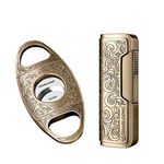 CIGARLOONG Cigar Cutter and Lighter Set Gold Sharpening Blade Engraved Cigar Guillotine and Retro Carved Lighter