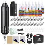 Solong Tattoo Gun Kit Wireless, Rotary Tattoo Machine with 14pcs Color Ink, 20 Premium Cartridge Needles, 1500mAh Battery with 5-Level Power Control for Professionals and Beginners