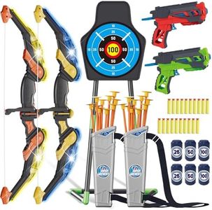 Suebah Kids Bow and Arrow Set 2 LED Lights Archery Toys with 20 Suction Cup Arrows 2 Foam Guns and Standing Target Indoor Outdoor Games Toys for Ages 3-12 Boys and Girls Birthday Gifts