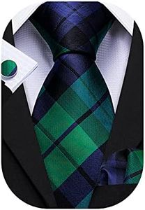 Barry.Wang Green Blue Man Tie Fashion Plaid Checkered Necktie Cufflinks Handkerchief Design