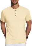 COOFANDY Men's Casual Shirts Button Down Short Sleeve Henley Basic Summer Solid T Shirts Light Khaki