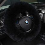 Andalus Luxurious Australian Sheepskin Long Wool Fuzzy Steering Wheel Cover, Anti-Slip 15 Inch Fluffy Steering Wheel Cover Offers a Plush Feel, Eco-Friendly Sheepskin Steering Wheel Cover (Black)