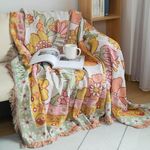 STACYPIK Reversible Orange Couch Cover Aesthetic Knitted Jacquard Sofa Cover for Dogs Rustic Floral Couch Cover for 2 Cushion Couch Multi-Use Blankets Tassel Boho Slipcovers Loveseat Cover-71X102IN