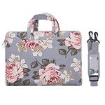 MOSISO Laptop Shoulder Messenger Compatible with MacBook Air 15 inch M3 M2 2024 2023 / Pro 16 M3 M2 M1 2024-2019, 15-15.6 inch Notebook, Canvas Fabric Rose Pattern Handbag Case Sleeve, Gray