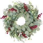 Alupssuc Artificial Eucalyptus Wreath for Front Door, 51 cm/20 inch Spring Summer All Year Wreath,Red Berries, Door Wreath Decoration for Outdoor Indoor Wedding Home Wall Fireplace,Green