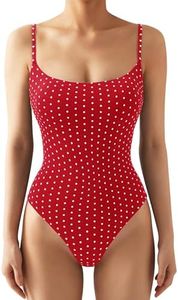SUUKSESS Women Sexy Square Neck Thong Bodysuit Backless Sleeveless Cami Body Suit Top (Red Polka Dots, L)