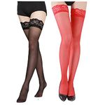 Neska Moda Women & Girls 2 Pair Nylon Ultra-Thin High-Leg Lace Thigh High Stocking - One size fits all -26"-36" Waist (Black,Red)-STK82andSTK83