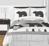 Sweet Jojo Designs Beige Grey White Boho Mountain Animal Unisex Boy or Girl Full Queen Size Kid Childrens Bedding Comforter Set for Gray Woodland Forest Friends Collection - 3 Pieces - Deer Fox Bear