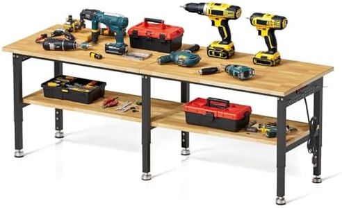 96” Adjustable Work Bench, 2-Layer Heavy Duty Workbench, 6000 LBS Capacity Workbench with Pegboard & Power Outlet, Rubber Wood Work Table for Garage, Office, Workshop, Home