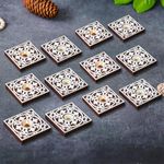 eCraftIndia Brown & White Square Wooden Floral Block Print Decorative Tea Light Candle Holders, Diya Stands - Tea Light Holders - Christmas Diwali Decoration Items for Home Decor - Set of 12