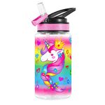 Cute Water Bottle for Kids Girls Boys, BPA Free & Sturdy Print & Leak Proof Flip Straw & Carry Loop & Easy Clean, 15oz - Unicorn