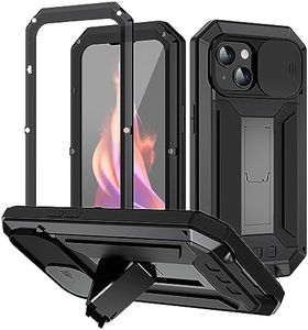 iPhone 15 Case Built-In Tempered Glass & Lens Protection with Built-In Kickstand Black Aluminum Gorilla Case for iPhone 15 High Impact Tough Protective Case.