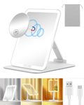 Gospire Travel Makeup Mirror with Lights and Magnification 10X, Portable Make Up Compact Tabletop Mirror with Adjustable Stand, 3 Colored Lights Rechargeable Lighted LED Vanity Mirror - White
